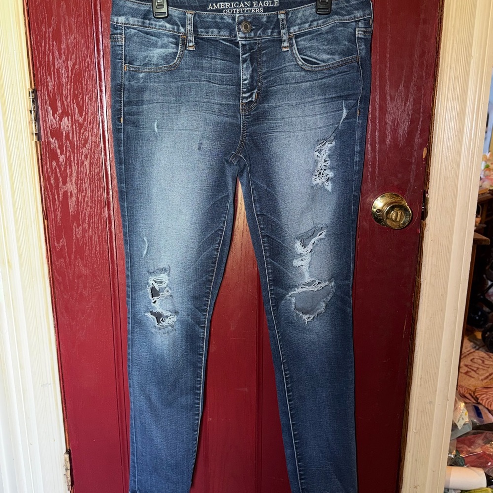 American Eagle Outfitters Ripped Skinny Jeans - Medium Blue Wash
